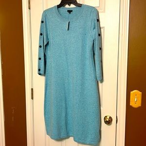 Talbots Sweater Dress Midi Size M 3/4 Sleeve Blue Cotton Blend